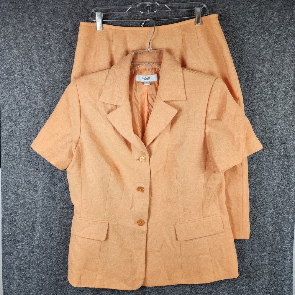 Le Suit Skirt Suit Womens 14 Essentials Orange Short Sleeve Blazer 2 Piece Set